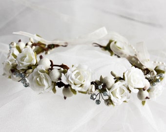 Flower Girl Crown, Flower Crown Wedding, Ivory Flower Crown, Blue Flower Wreath,  Flower Girl Headpiece, Flower Girl Headband, Bridal Crown