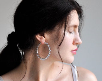 Hoop Earrings, Simple Hoops, Silver Hoops, Everyday Hoops, Geometric Earrings, Minimalist Earrings, Blue beads Hoops Earrings Gift