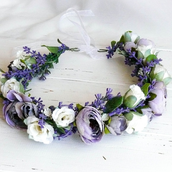 Flower Girl Crown, Flower Head Piece, Flower Crown Wedding, Lavender Floral Crown, Flower Head Wreath, Floral Headband, Boho Flower Crown