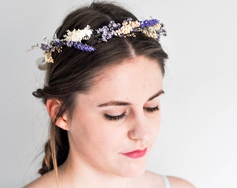 Flower Girl Crown, Wedding Flower Crown, Dried Flower Wreath, Ivory Flower Crown, Lavender Flower Crown, Flower Girl Headband, Boho Crown