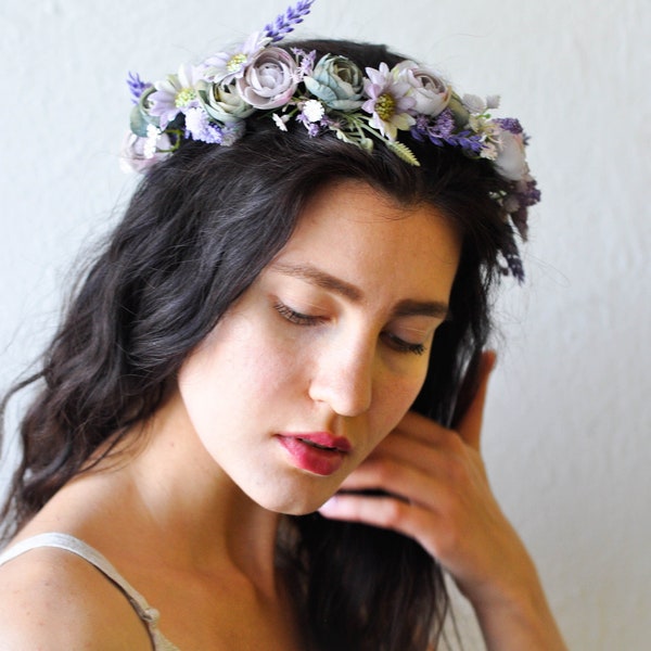Couronne de fleurs violettes, couronne lavendar, couronne de fleurs de lilas, bandeau de fille de fleur de lavande, couronne de lavande de mariage, couronne de mariée violette claire