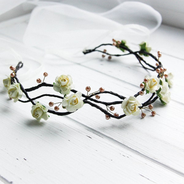 Wedding Flower Crown, Flower Girl Tiara, Flower Girl Headpiece, Flower Girl Crown, Ivory Floral Crown, Flower Headband, Flower Head Wreath