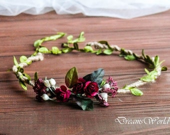 Corona de niña de flores, boda de corona de flores, tocado de niña de flores, diadema de niña de flores, corona de flores nupcial, corona de flores de Borgoña, vid de halo