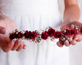 Tocado flower girl, boda corona de flores, corona de flores de borgoña, corona de niña de flores, corona de flor de novia, tiara niña de flores, corona nupcial