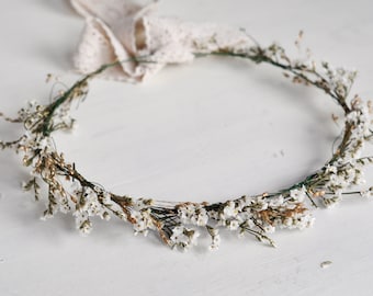 Flower Girl Crown, Wedding Flower Crown, White Flower Crown, Dried Flowers Crown Delicate, Boho Flower Crown, Babys Breath Flower Crown