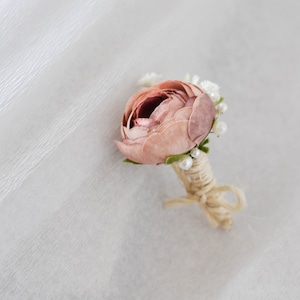 Boutonniere de boda, ojal rústico, boutonniere de boda rosa rubor, boutonniere de boda, boutonniere de flores para hombres, boutonniere de campo