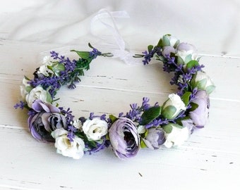 Flower Girl Crown, Flower Head Piece, Flower Crown Wedding, Lavender Floral Crown, Flower Head Wreath, Floral Headband, Boho Flower Crown