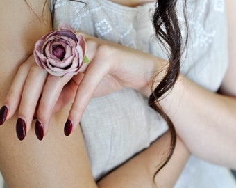 Blush Pink Flower Ring, Bridesmaid Gift, Wedding Flower Ring, Floral Jewelry, Rose Flower Ring, Large Rose Ring, Romantic Gift for Her