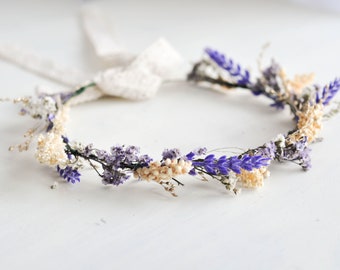 Purple Flower Crown, Lavender Flower Crown, Flower Girl Headband, Ivory Flower Girl Crown, Wedding Flower Crown, Baby’s Breath Flower Crown