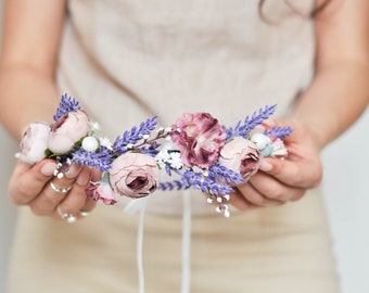 Flower Girl Crown, Flower Wedding Crown, Blush Pink Flower Crown, Lavender Flower Wreath, Flower Headpiece, Lavender Flower Headband, Tiara