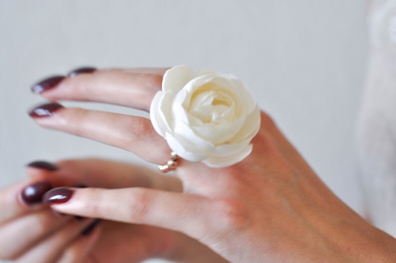 Ring, Flower Wedding Accessories, Fabric Flower Rings Jewerly, Bridal Party Gifts for Bridesmaids gifts, Ivory Flower Ring, Bridesmmaid Gift image 5
