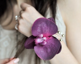 Corsage Bracelet, Wrist Corsage, Wrist Corsage Wedding, Purple Orchid Bracelet Floral, Boho Wrist Corsage, Bridesmaid Corsage, Hand Flower