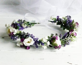 Couronne de fille de fleur, couronne de mariage de fleurs, couronne de lavande, couronne de tête de lavande, tête de fille de fleur, bandeau de lavande, bandeau floral