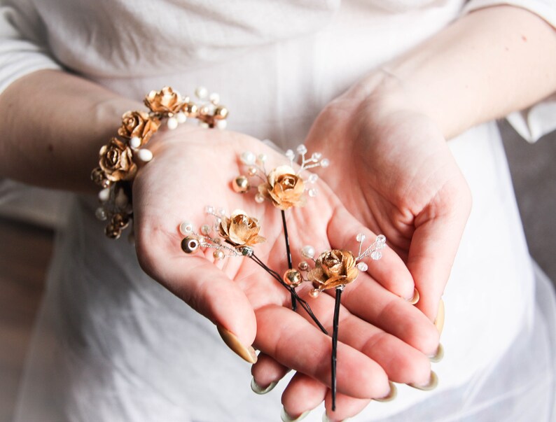 Flower Girl Flower Hair Pins Gold Pins Hair Pins Flower Babys Breath Hair Pin Gold Flower Hair Pin Wedding Hair Pins Flower Hair Pins