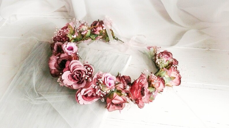 Bride Flower Crown Purple Rose Crown Blush Flower Crown Flower Girl Headpiece Flower Girl Crown Rose Head Wreath Flower Crown Wedding