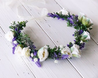 Couronne de fille de fleur, Couronne de fleurs Mariage, Coiffe de fleur, Couronne de lavande, Couronne de tête, Couronne florale de mariée, Bandeau floral, Vigne de cheveux