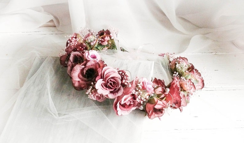 Bride Flower Crown Purple Rose Crown Blush Flower Crown Flower Girl Headpiece Flower Girl Crown Rose Head Wreath Flower Crown Wedding