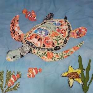 Sea Turtle Applique Pattern Snappy the Cute Little Water Creature Scrap Buster Fabric Art Handmade Quilt Project Unique Gift For Craft Lover