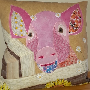 Patrón de aplique de cerdo Pip the Pretty Farm Life Animal Scrap Buster Quilt Block Art de tela Proyecto de pasatiempo hecho a mano Regalo único para amantes de las manualidades