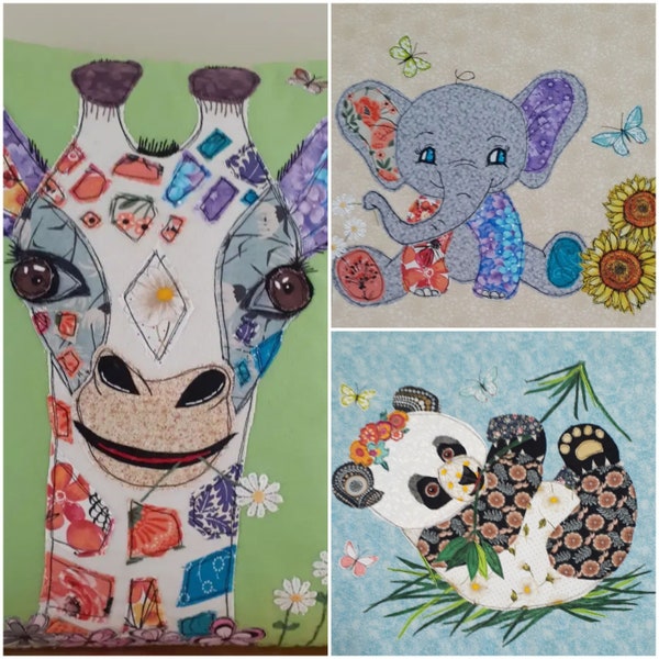 Baby Tier Applikation Muster Sparen Geld 3er Set Jo Giraffe Pam Panda May Elefant Quilt Fabric Art Project Einzigartiges Geschenk für Handwerksliebhaber