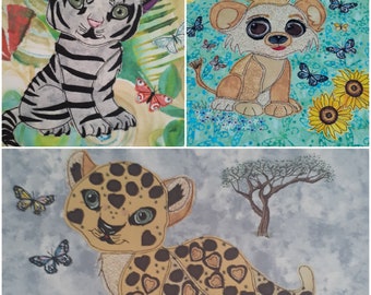 Cubs Applique Paper Patterns Bundle of 3 Leo Lion Terri Siberian Tiger Lenni Leopard Fabric Quilt Block Handmade Unique Craft Lover Gift