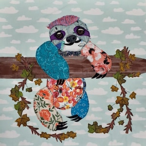Sloth Applique Pattern Sally the Sweet Creature Scrap Buster Quilt Block Fabric Art Handmade Hobby Project Unique Gift for the Craft Lover