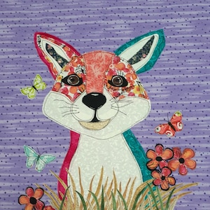 May include: A colorful patchwork fox with a happy expression is surrounded by green grass and red flowers.  Butterflies in shades of blue, green, and orange add to the whimsical scene.