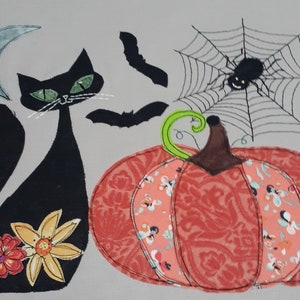 Patrón de apliques de Halloween Calabaza Gato negro Araña Murciélagos Chatarra Buster Edredón Bloque Hecho a mano Tela Proyecto de arte Regalo único para amante de la artesanía