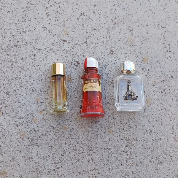 3 Small Vintage Glass Bottles; Perfume, Fingernail Polish & Religious Holy Water.