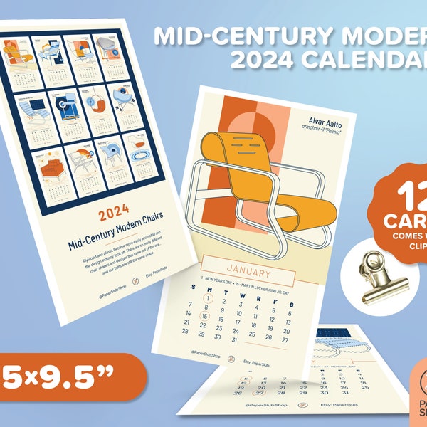 Mid-Century Modern - Chairs! 2024 Small Hanging Calendar - Comes With Binder Clip