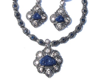 Vintage 14KT Craved No Heat Burma Blue sapphire Diamond Mughal Victorian Necklace Earrings Set