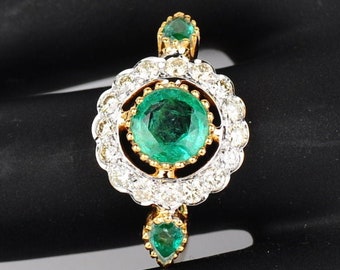 Gem Grade 18KT YG Natural Colombian Emerald Diamond Ring, Stamped