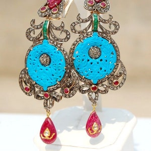 Connoisseurs Antique 23-14kt gold and silver Carved Turquoise Ruby Emerald Diamond Mughal Indian Earrings