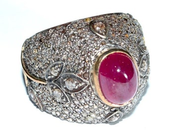 Huge Vintage 14KT Ruby Diamond Mughal Victorian Dome Ring