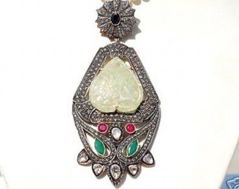 Vintage 14KT Carved Emerald Diamond Mughal Victorian Necklace