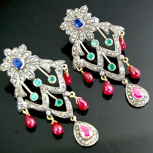 Stunning 14KT Natural Ruby Diamond Blue Sapphire Victorian Earrings