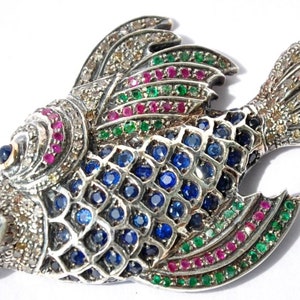Exotic Sri Lanka Blue Sapphire Emerald Ruby Diamond Fish Victorian Brooch