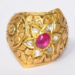Fabulous 22KT Gold Carved 3 CT Burma Ruby Diamond Mughal Ring
