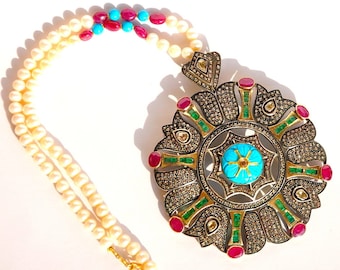 Vintage 14KT-23KT Turquoise Emerald Ruby Diamond Mughal Indian Necklace Earrings Set