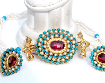 Extravagant 22KT Gold Diamond Turquoise Mughal Indian Necklace Earrings Set