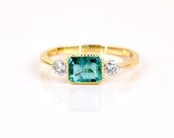 Fabuloso anillo vibrante de esmeralda colombiana natural de 1,33 ct y diamante de 0,18 ct, 18 KT, hecho a mano.