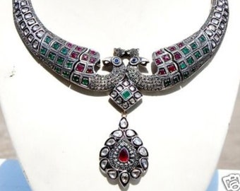 Stunning Antique Ruby Emerald Diamond Peacock Mughal Victorian Necklace Earrings Set !