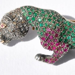Vintage 14KT Emerald Ruby Diamond Tiger Brooch