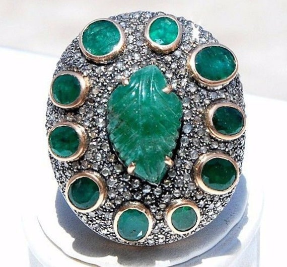 Huge Vintage 14KT Natural Carved Emerald Diamond … - image 1