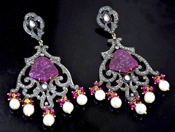 Huge 14KT Vintage Carved African Ruby Diamond Pea… - image 6