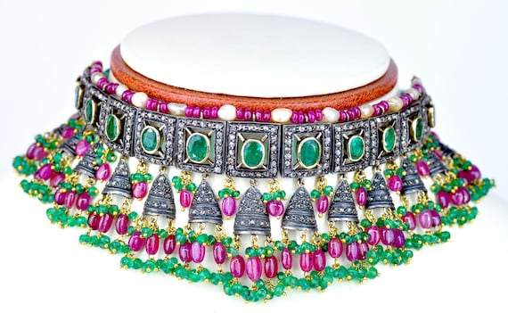 14Kt Victorian Gold and Silver emerald ruby diamo… - image 2