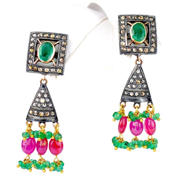 14Kt Victorian Gold and Silver emerald ruby diamo… - image 5