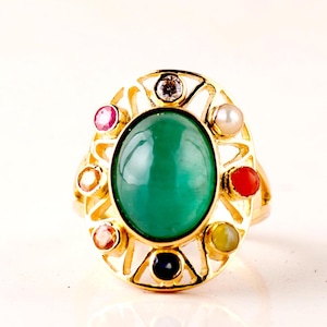 Exotic 18KT YG 9 Planet Gems &quot;Navratna&quot; Emerald Diamond Ring, Stamped