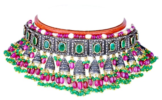 14Kt Victorian Gold and Silver emerald ruby diamo… - image 1