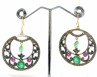 Vintage 14KT Ruby Blue Sapphire Emerald Diamond Baali Victorian Earrings